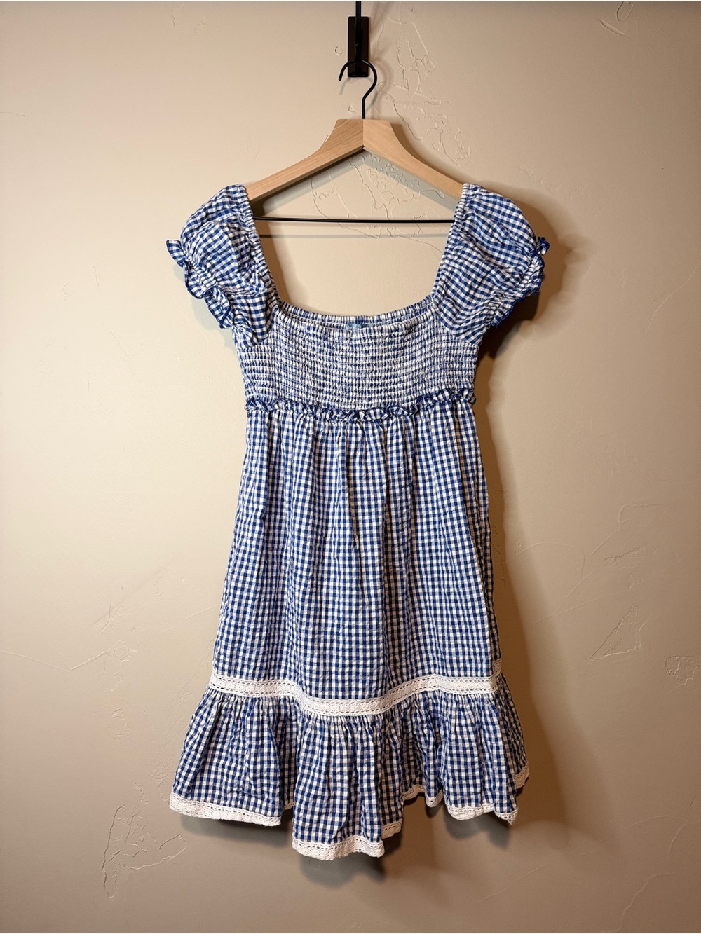 Urban Outfitters Gingham Mini Dress XS Blue White Puff Sleeve Dress - Picture 2 of 4